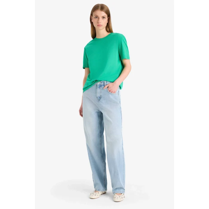 Defacto W9584 Yeşil Regular Fit Bisiklet Yaka Basic Düz Penye Kısa Kollu Tişört