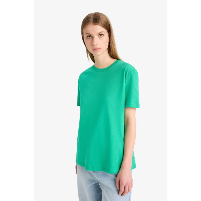 Defacto W9584 Yeşil Regular Fit Bisiklet Yaka Basic Düz Penye Kısa Kollu Tişört