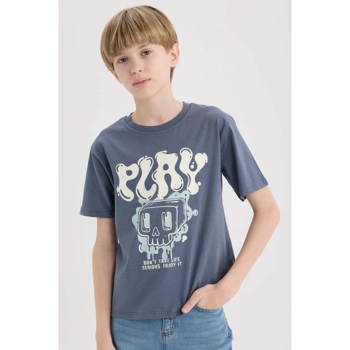 Defacto D9283 İndigo Erkek Çocuk Bisiklet Yaka Baskılı Kısa Kollu Tişört