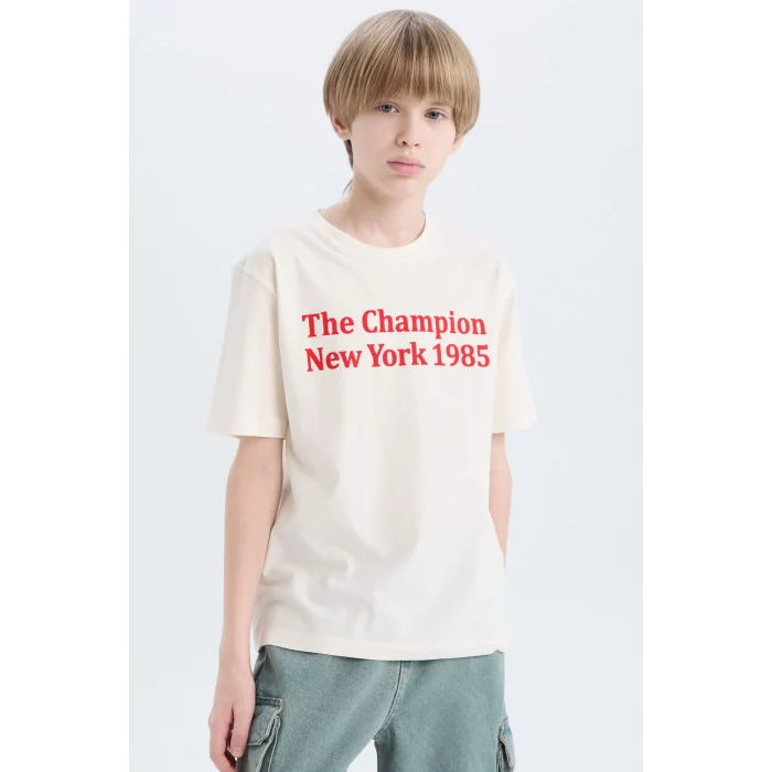 Defacto E0078 Beyaz Erkek Çocuk Bisiklet Yaka Baskılı Kısa Kollu Tişört