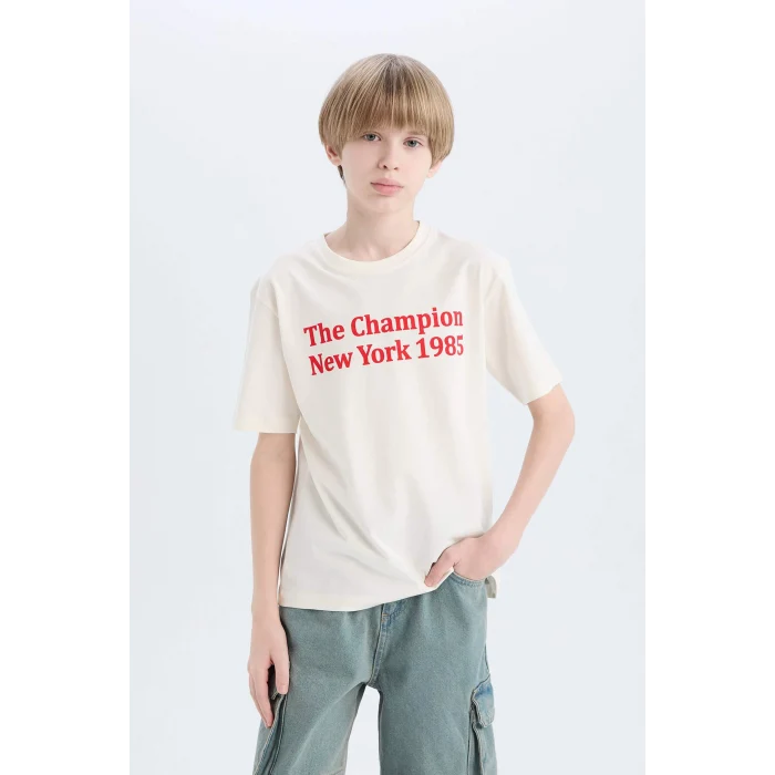 Defacto E0078 Beyaz Erkek Çocuk Bisiklet Yaka Baskılı Kısa Kollu Tişört