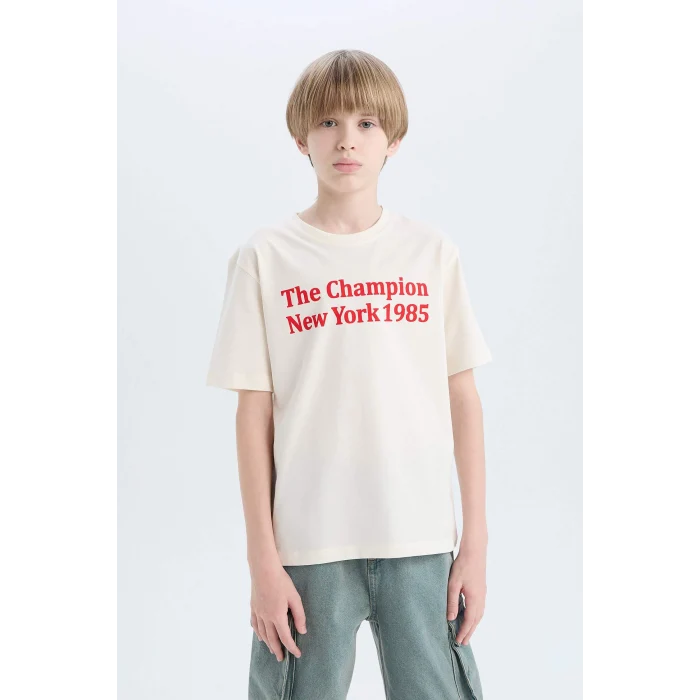 Defacto E0078 Beyaz Erkek Çocuk Bisiklet Yaka Baskılı Kısa Kollu Tişört