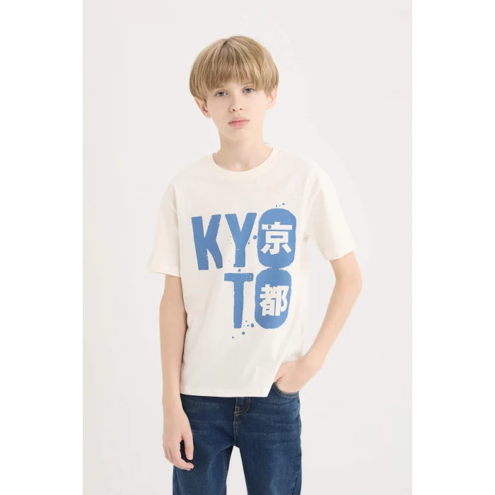 Defacto D9258 Ekru Erkek Çocuk Bisiklet Yaka Baskılı Kısa Kollu Tişört