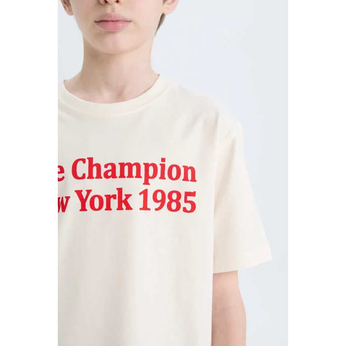 Defacto E0078 Beyaz Erkek Çocuk Bisiklet Yaka Baskılı Kısa Kollu Tişört