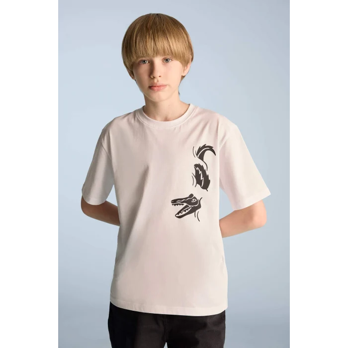 Defacto E0173 Beyaz Erkek Çocuk Bisiklet Yaka Baskılı Kısa Kollu Tişört