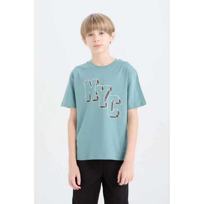 Defacto D9263 Yeşil Erkek Çocuk Bisiklet Yaka Baskılı Kısa Kollu Tişört