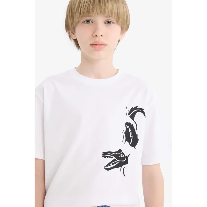 Defacto E0173 Beyaz Erkek Çocuk Bisiklet Yaka Baskılı Kısa Kollu Tişört