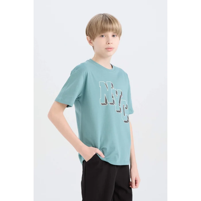 Defacto D9263 Yeşil Erkek Çocuk Bisiklet Yaka Baskılı Kısa Kollu Tişört