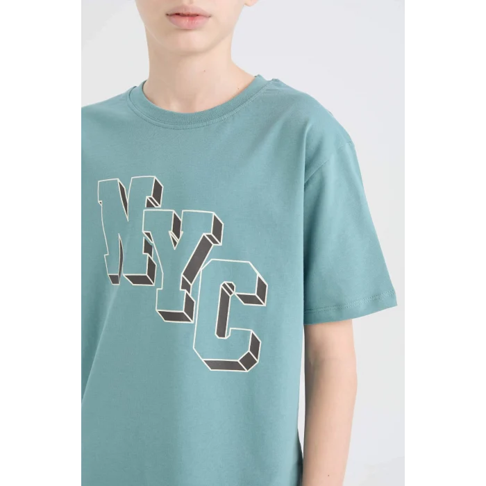 Defacto D9263 Yeşil Erkek Çocuk Bisiklet Yaka Baskılı Kısa Kollu Tişört