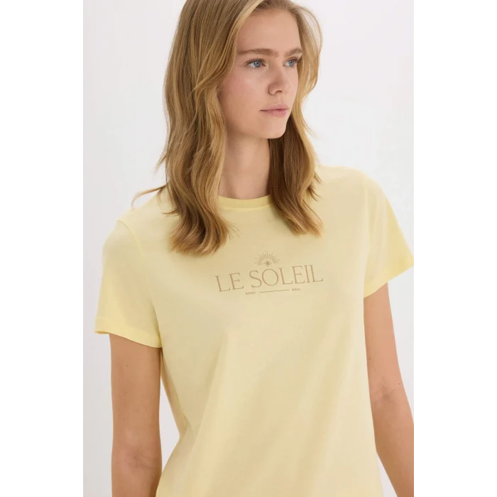 Defacto E2791 Sarı Regular Fit Bisiklet Yaka Penye Kısa Kollu Tişört