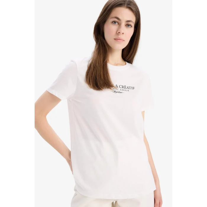 Defacto E2790 Beyaz Regular Fit Bisiklet Yaka Baskılı Penye Kısa Kollu Beyaz Tişört