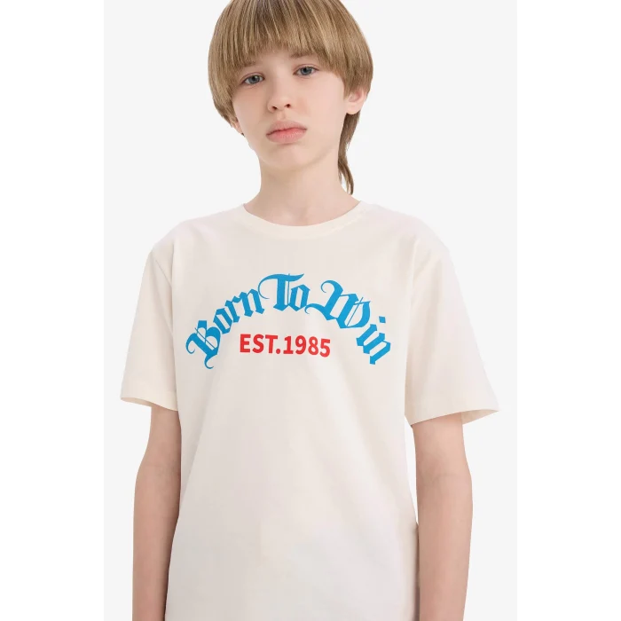 Defacto E0082 Beyaz Erkek Çocuk Bisiklet Yaka Baskılı Kısa Kollu Tişört