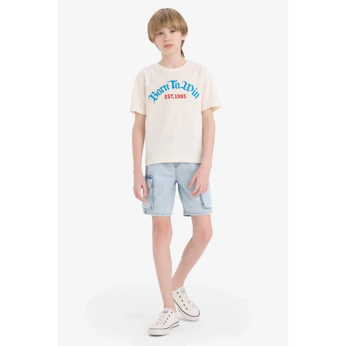 Defacto E0082 Beyaz Erkek Çocuk Bisiklet Yaka Baskılı Kısa Kollu Tişört