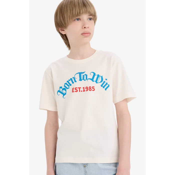 Defacto E0082 Beyaz Erkek Çocuk Bisiklet Yaka Baskılı Kısa Kollu Tişört