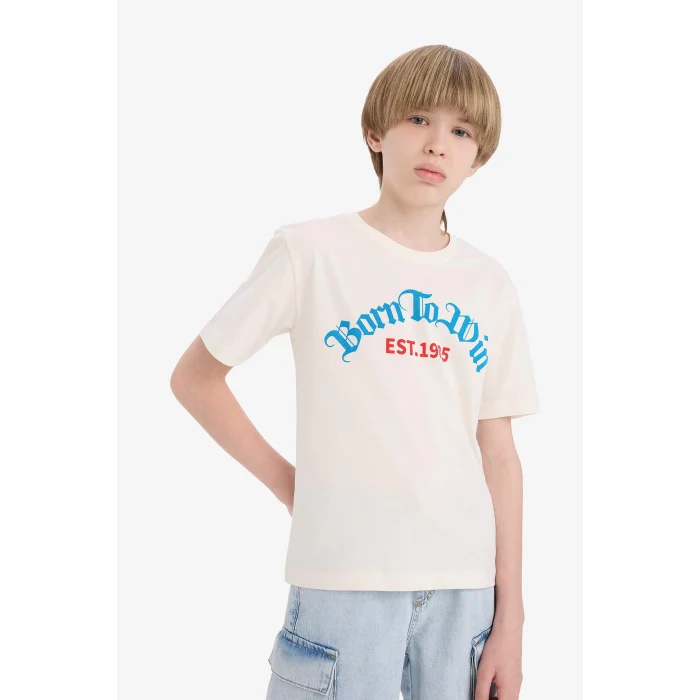 Defacto E0082 Beyaz Erkek Çocuk Bisiklet Yaka Baskılı Kısa Kollu Tişört