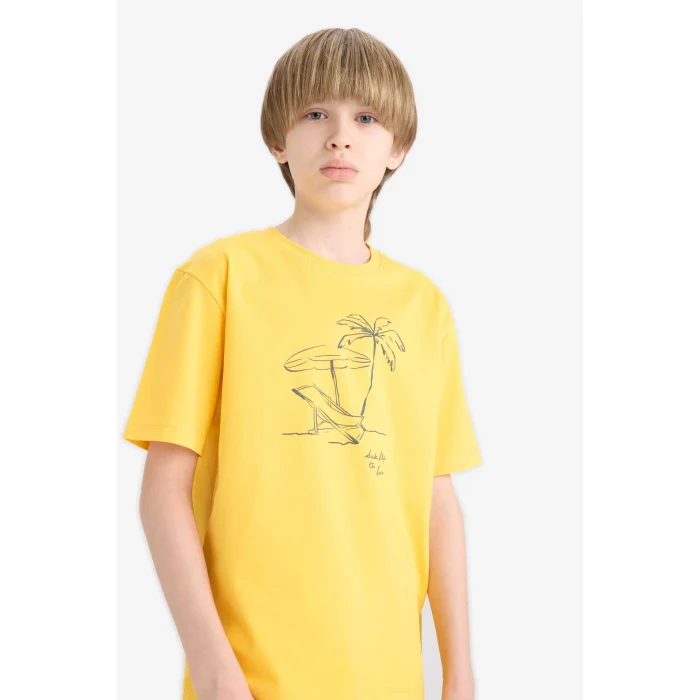 Defacto E0189 Sarı Erkek Çocuk Bisiklet Yaka Baskılı Kısa Kollu Tişört