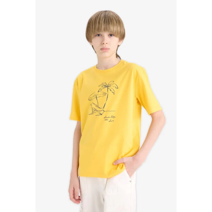 Defacto E0189 Sarı Erkek Çocuk Bisiklet Yaka Baskılı Kısa Kollu Tişört