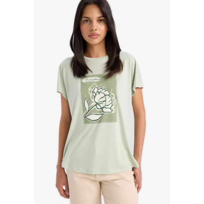 Defacto E5139 Yeşil Bisiklet Yaka Çiçek Baskılı Kısa Kollu Tişört