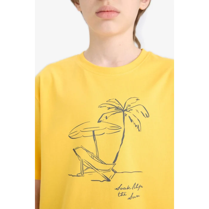 Defacto E0189 Sarı Erkek Çocuk Bisiklet Yaka Baskılı Kısa Kollu Tişört