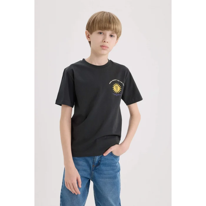 Defacto E0165 Antrasit Erkek Çocuk Bisiklet Yaka Baskılı Kısa Kollu Tişört