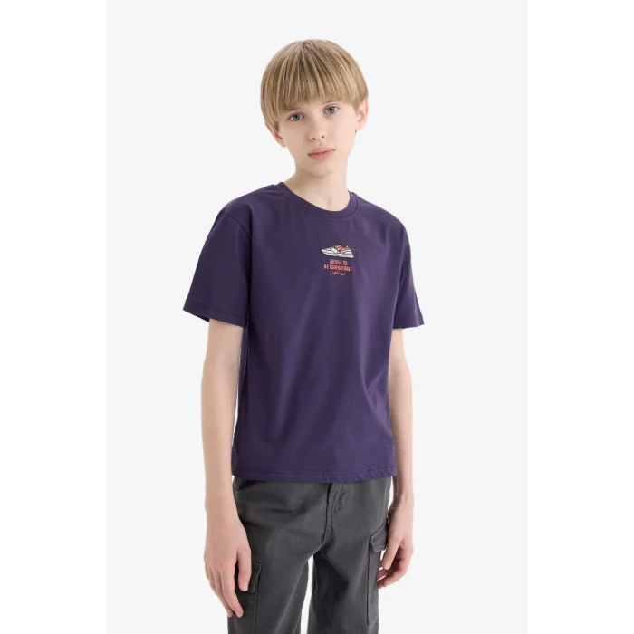Defacto E0086 Mor Erkek Çocuk Bisiklet Yaka Nakışlı Kısa Kollu Tişört
