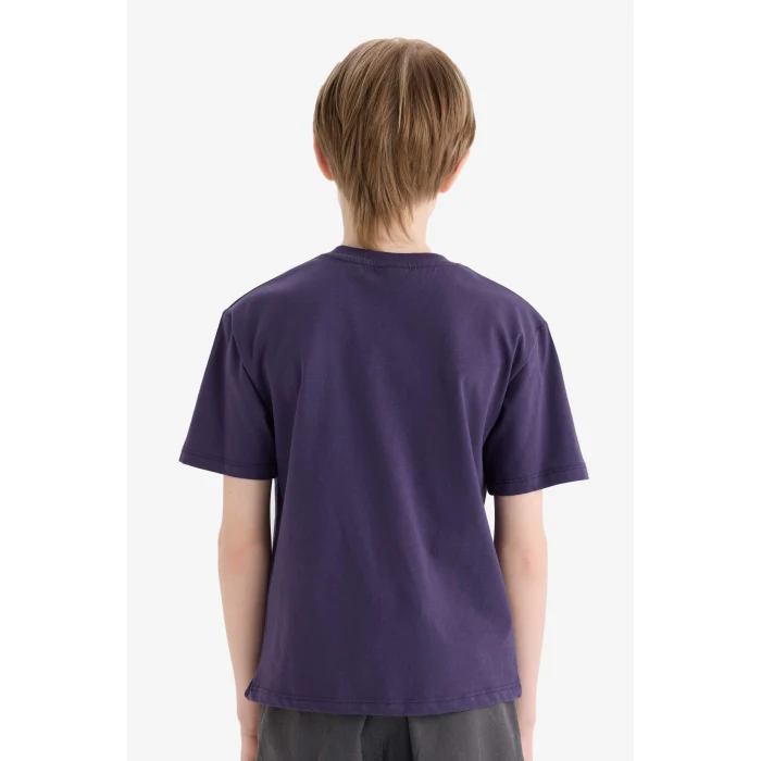 Defacto E0086 Mor Erkek Çocuk Bisiklet Yaka Nakışlı Kısa Kollu Tişört