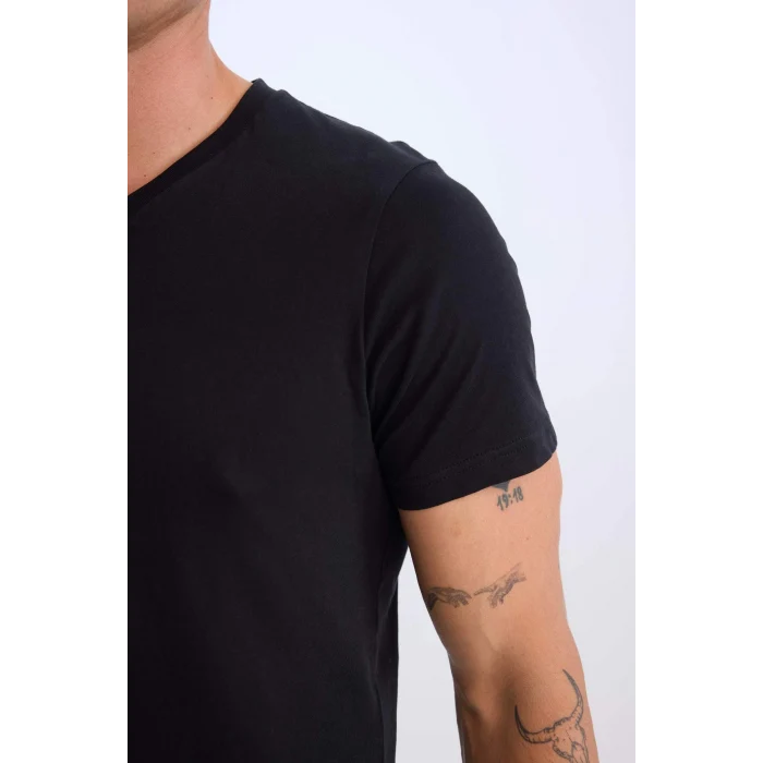 Defacto D7938 Siyah %100 Pamuk Regular Fit V Yaka Pamuklu Basic Düz Kısa Kollu Siyah Tişört