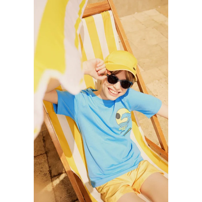 Defacto E0166 Mavi Erkek Çocuk Bisiklet Yaka Baskılı Kısa Kollu Tişört