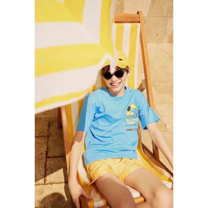 Defacto E0166 Mavi Erkek Çocuk Bisiklet Yaka Baskılı Kısa Kollu Tişört