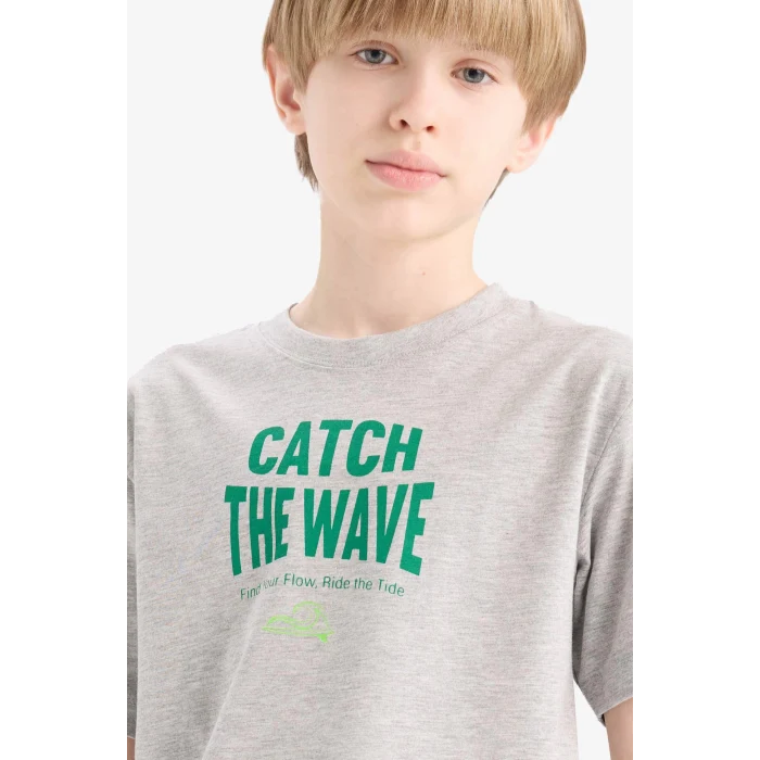 Defacto E0180 Gri Erkek Çocuk Bisiklet Yaka Baskılı Kısa Kollu Tişört