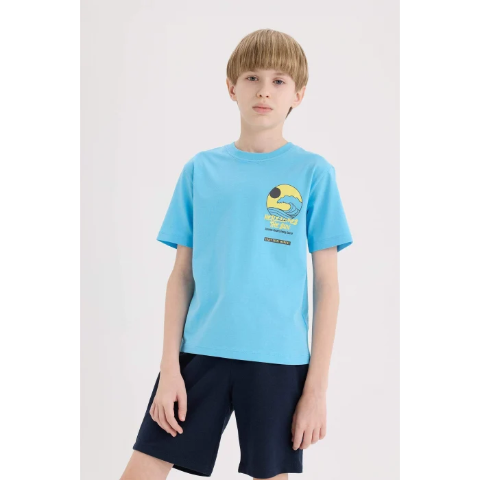 Defacto E0166 Mavi Erkek Çocuk Bisiklet Yaka Baskılı Kısa Kollu Tişört