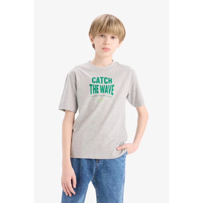 Defacto E0180 Gri Erkek Çocuk Bisiklet Yaka Baskılı Kısa Kollu Tişört