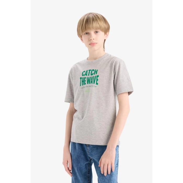 Defacto E0180 Gri Erkek Çocuk Bisiklet Yaka Baskılı Kısa Kollu Tişört