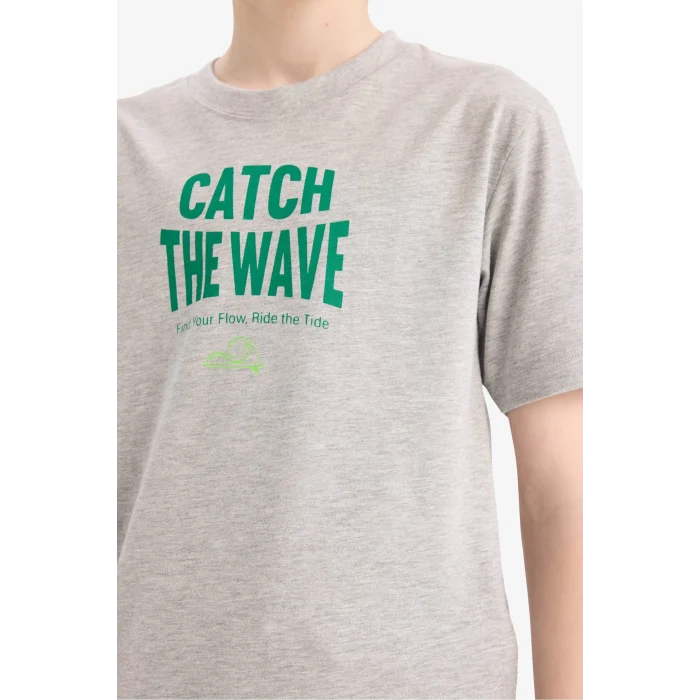 Defacto E0180 Gri Erkek Çocuk Bisiklet Yaka Baskılı Kısa Kollu Tişört