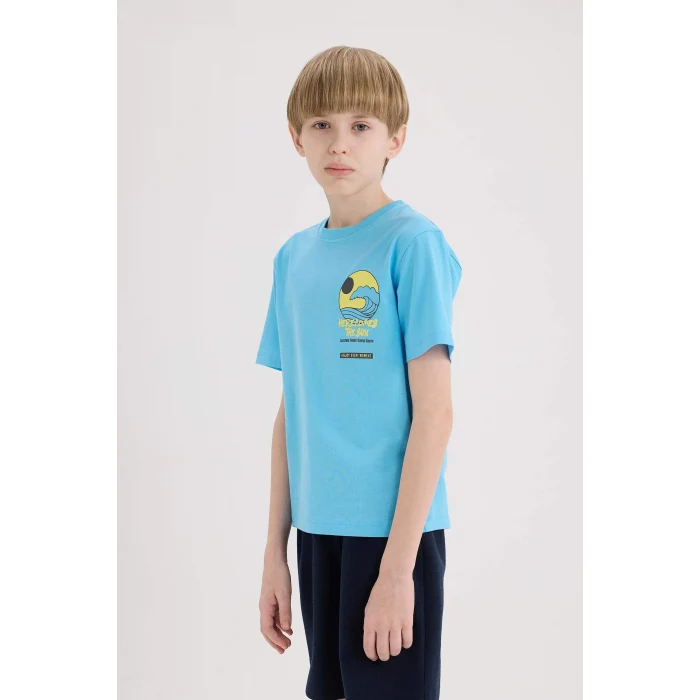 Defacto E0166 Mavi Erkek Çocuk Bisiklet Yaka Baskılı Kısa Kollu Tişört
