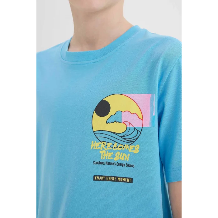 Defacto E0166 Mavi Erkek Çocuk Bisiklet Yaka Baskılı Kısa Kollu Tişört