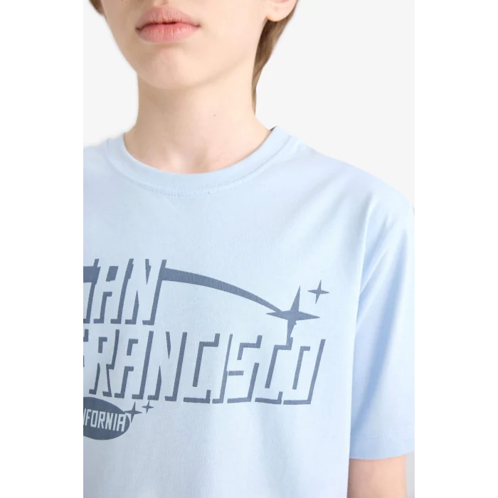 Defacto E0076 Mavi Erkek Çocuk Bisiklet Yaka Baskılı Kısa Kollu Tişört