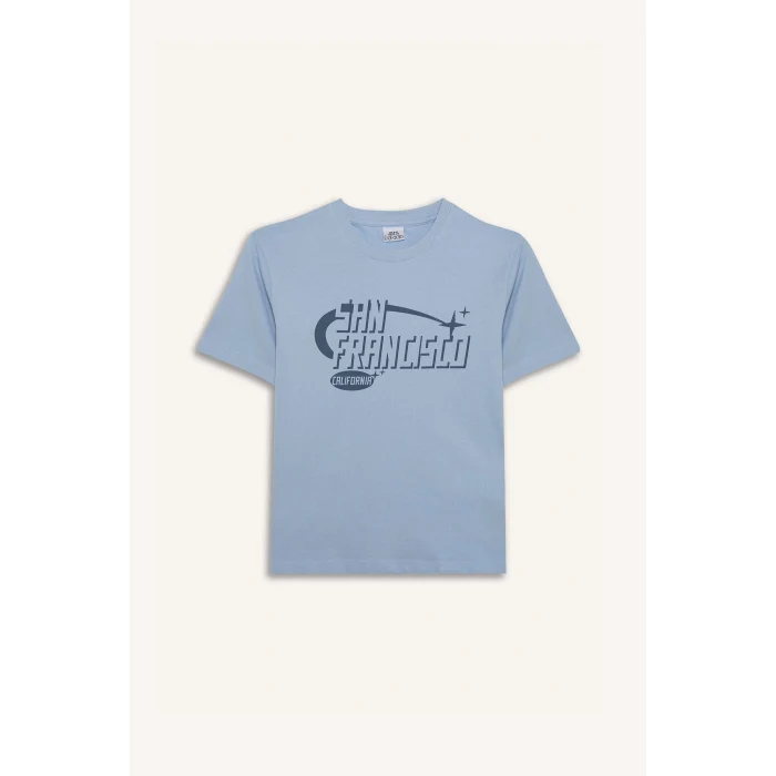 Defacto E0076 Mavi Erkek Çocuk Bisiklet Yaka Baskılı Kısa Kollu Tişört