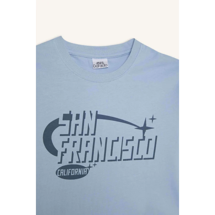 Defacto E0076 Mavi Erkek Çocuk Bisiklet Yaka Baskılı Kısa Kollu Tişört