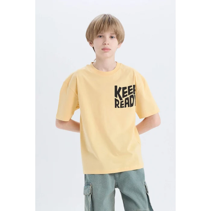 Defacto B6165 Sarı Erkek Çocuk Oversize Geniş Kalıp Bisiklet Yaka Baskılı Kısa Kollu Tişört