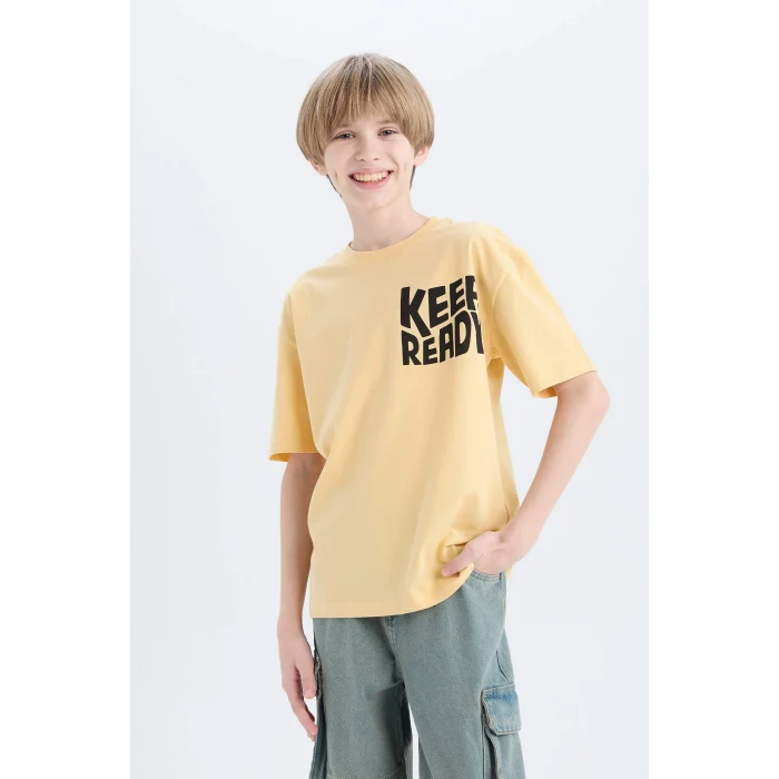 Defacto B6165 Sarı Erkek Çocuk Oversize Geniş Kalıp Bisiklet Yaka Baskılı Kısa Kollu Tişört