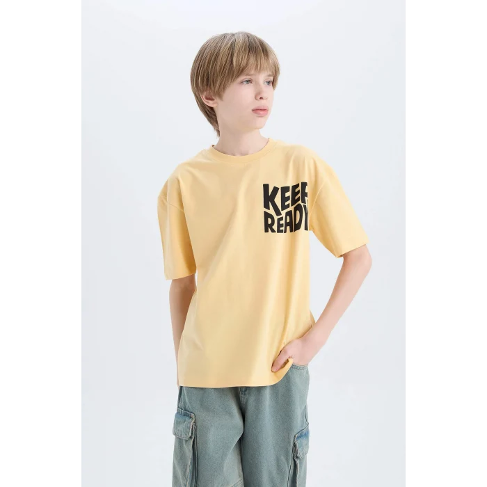 Defacto B6165 Sarı Erkek Çocuk Oversize Geniş Kalıp Bisiklet Yaka Baskılı Kısa Kollu Tişört