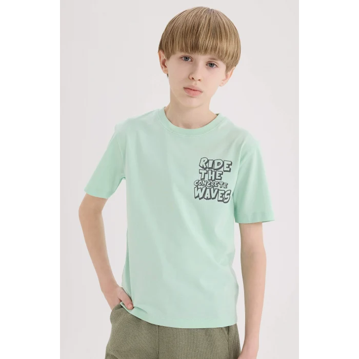 Defacto E0168 Turkuaz Erkek Çocuk Bisiklet Yaka Baskılı Kısa Kollu Tişört