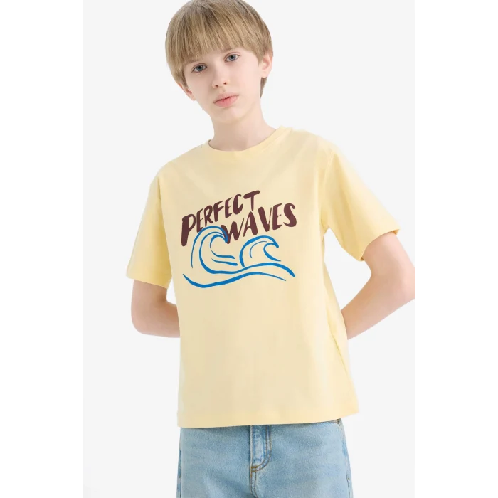Defacto E0174 Sarı Erkek Çocuk Bisiklet Yaka Baskılı Kısa Kollu Tişört