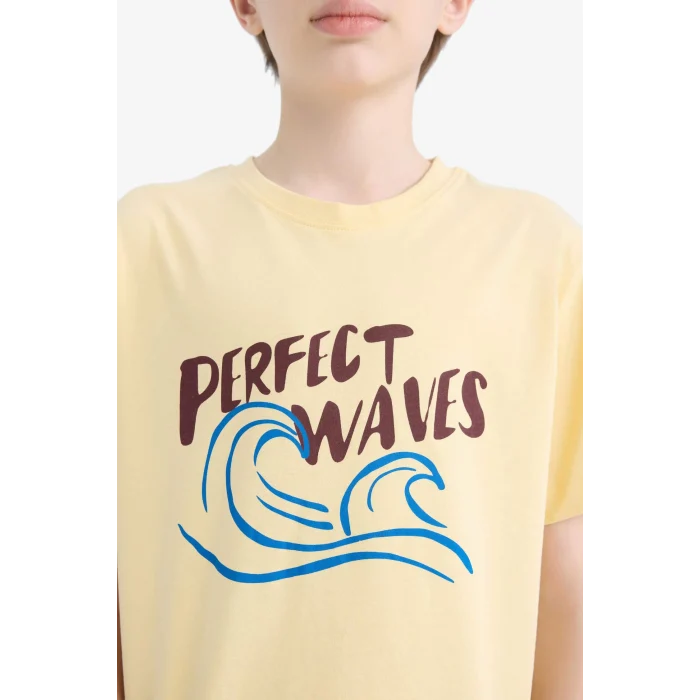 Defacto E0174 Sarı Erkek Çocuk Bisiklet Yaka Baskılı Kısa Kollu Tişört