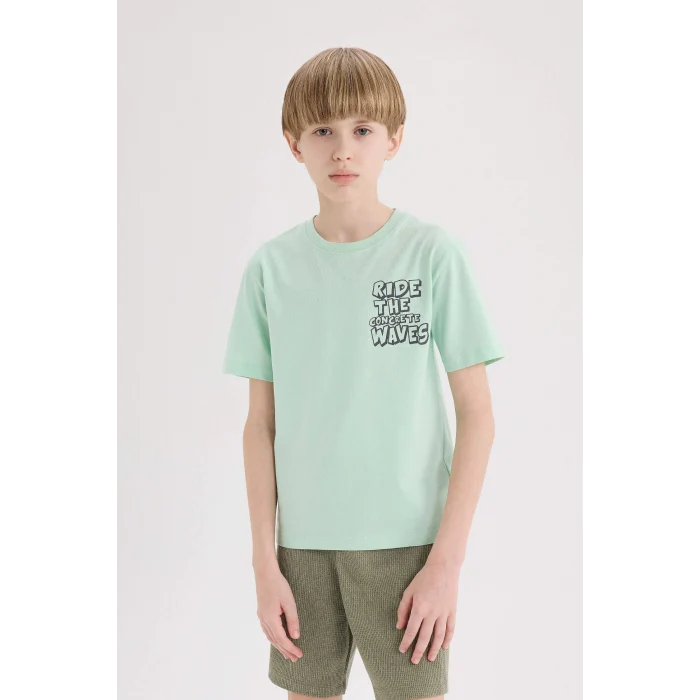 Defacto E0168 Turkuaz Erkek Çocuk Bisiklet Yaka Baskılı Kısa Kollu Tişört