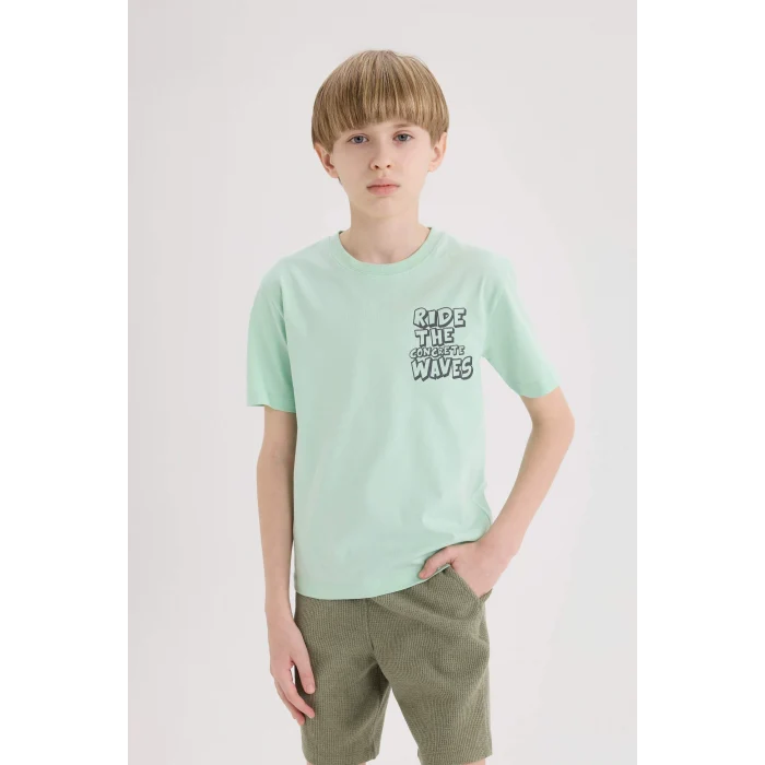 Defacto E0168 Turkuaz Erkek Çocuk Bisiklet Yaka Baskılı Kısa Kollu Tişört