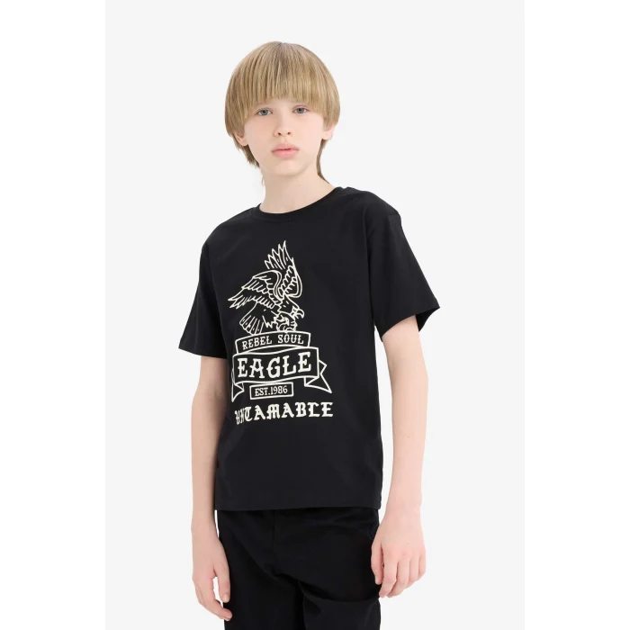 Defacto D9281 Siyah Erkek Çocuk Bisiklet Yaka Baskılı Kısa Kollu Tişört