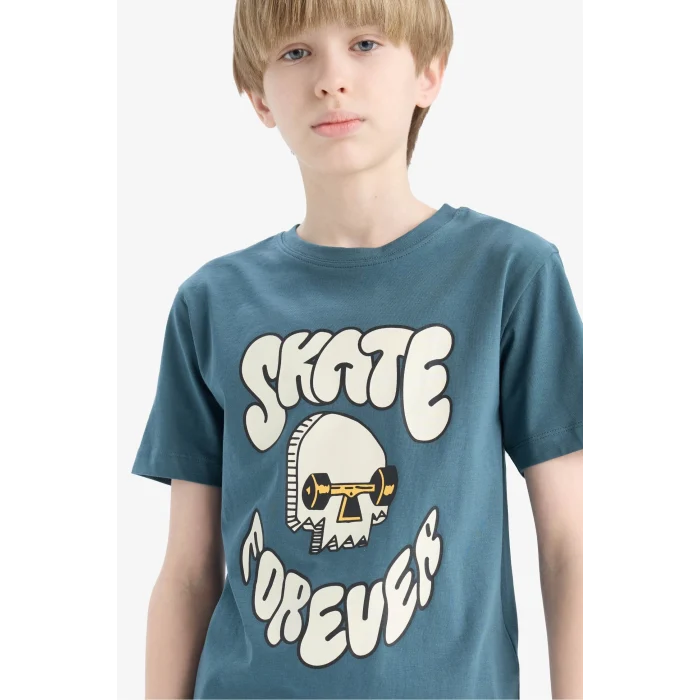 Defacto E0083 Yeşil Erkek Çocuk Bisiklet Yaka Baskılı Kısa Kollu Tişört