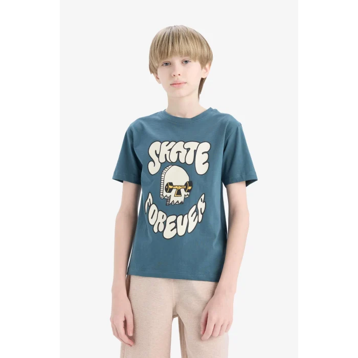 Defacto E0083 Yeşil Erkek Çocuk Bisiklet Yaka Baskılı Kısa Kollu Tişört